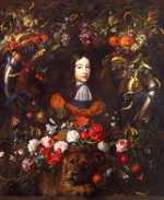The young prince William portrayed by Jan Davidsz de Heem and Jan Vermeer van Utrecht within a flower garland filled with symbols of the House of Orange-Nassau, c. 1660